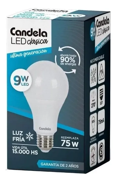 Foco candela 9w luz fría x 1